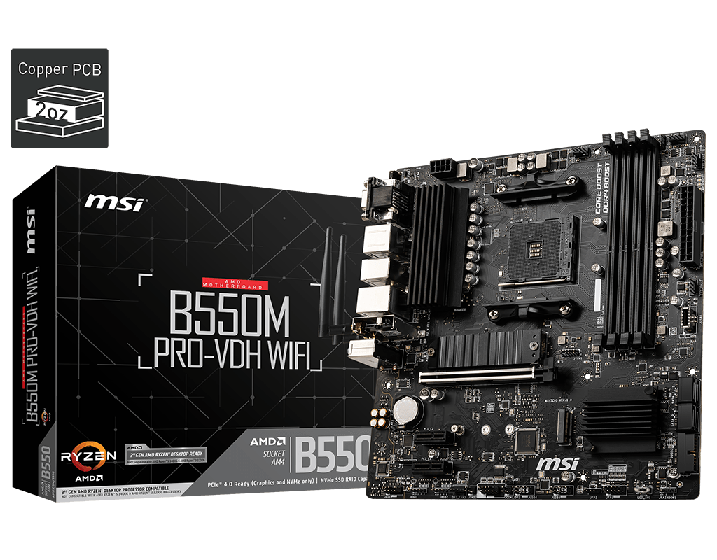 MSI B550M PRO-VDH WiFi Proシリーズ マザーボード AMD AM4, DDR4, PCIe 4.0, SATA 6Gb/s,  M.2, USB 3.2 Gen 1, Wi-Fi, D-SUB/HDMI/DP, Mic