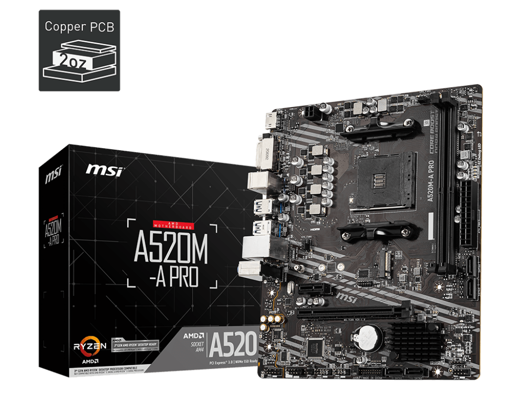 MSI A520M-A PRO Motherboard (AMD Ryzen 3000 3rd Gen AM4, DDR4, M.2