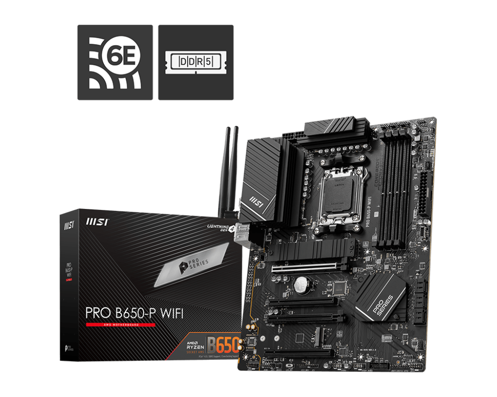 MSI 7D78-001R Pro B650-P WiFi Carte Mère, ATX pour Processeurs AMD Ryzen  7000, AM5 - DDR5 Memory Boost 6400+MHz/OC, 2 x PCIe 4.0 x16, 2 x M.2 Gen4,  Wi-FI 6E : 